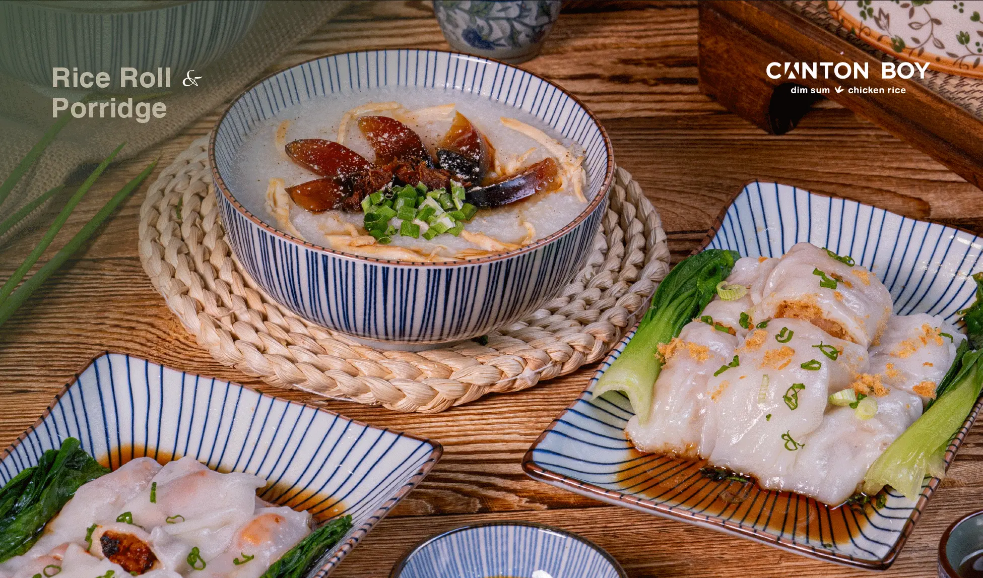 Menu page for Canton Boy featuring a bowl of porridge topped with century egg slices with two plates of steamed rice rolls with choy sam in soy sauce on the side.