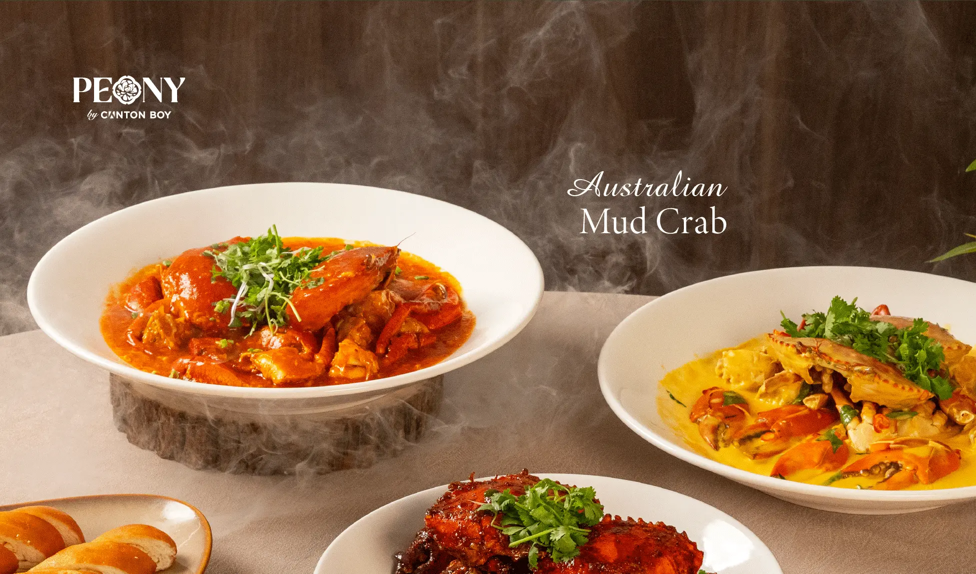 Menu page for Peony by Canton Boy showing three different australian mud crab dishes in our restaurant featuring chilli crab, black pepper crab, & salted egg crab with a side of man tou (bread)