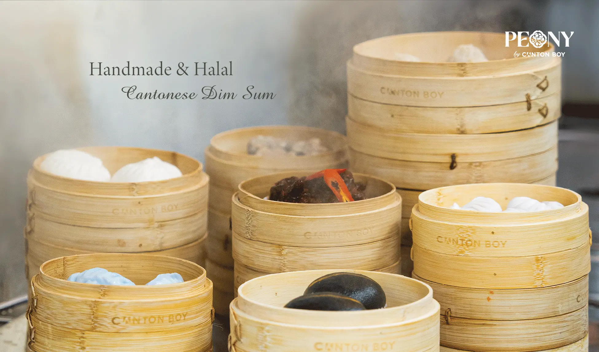 Menu page for Peony by Canton Boy showing steamed dim sum baskets in different rows.