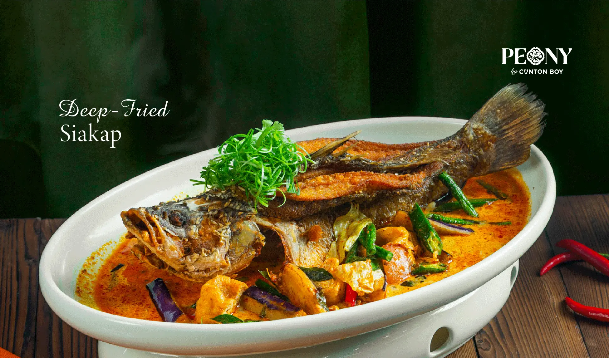 Menu page for Peony by Canton Boy showing a deep fried siakap dish.