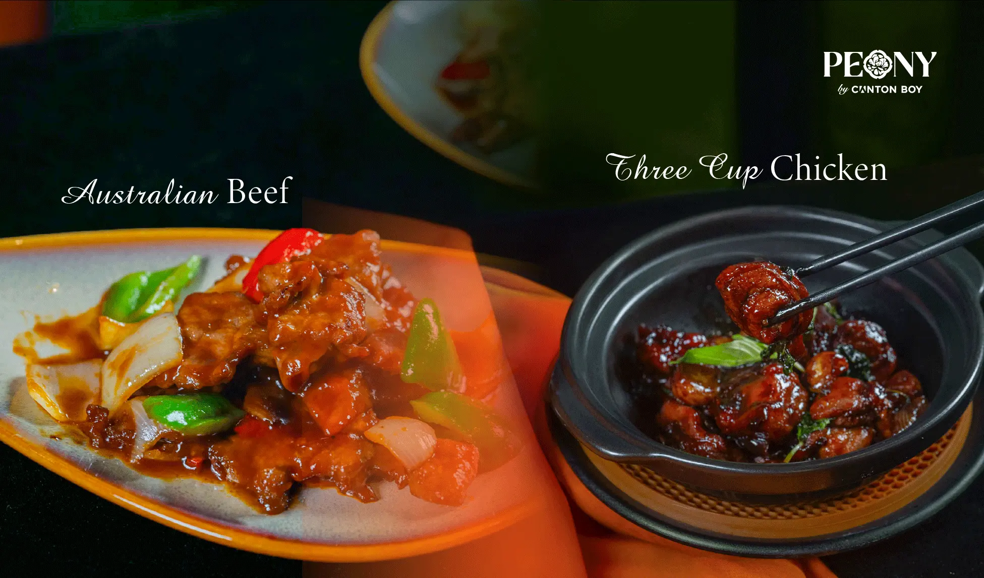 Menu page for Peony by Canton Boy showing an australian beef dish and three cup chicken and they are labelled with text