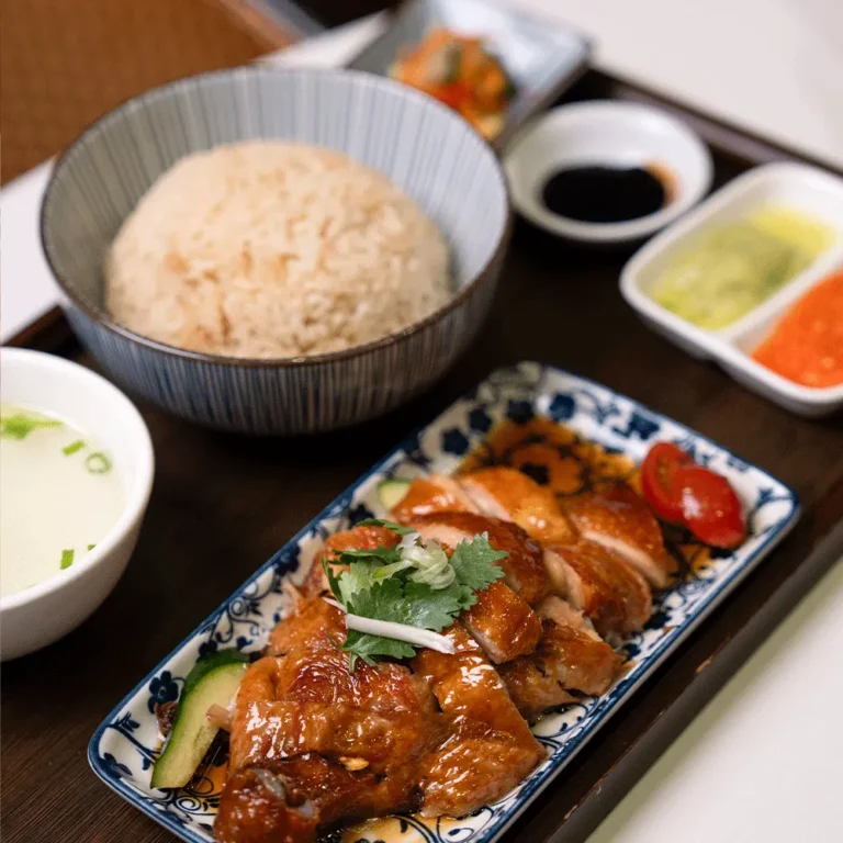 roasted chicken rice set with a close up of the roasted chicken in a blue and white chinese porcelain dish with a bowl of rice, soup, and a saucer with green and red chilli sauce