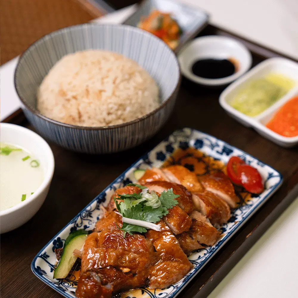 roasted chicken rice set with a close up of the roasted chicken in a blue and white chinese porcelain dish with a bowl of rice, soup, and a saucer with green and red chilli sauce